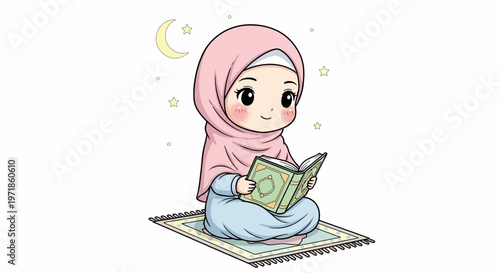 Cute Muslim Girl Reading Quran on Prayer Mat Under Crescent Moon and Stars