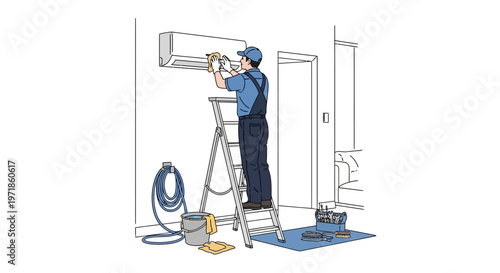 Illustration of a repairman in a blue uniform standing on a ladder cleaning an air conditioner unit attached to a white wall in a minimalist room, with a bucket and toolbox nearby