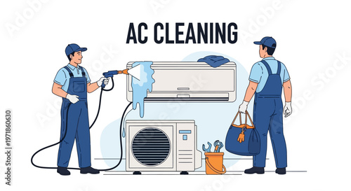 Illustration of two service workers cleaning air conditioners with sprayers and tools in a white studio setting, conveying a clean and efficient maintenance service with a focus