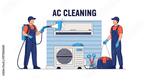A vector illustration shows two maintenance workers cleaning an air conditioner unit with cleaning equipment on a white background, presented in a bright, clean style with emphasis