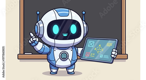 Cute Robot Teacher Holding Tablet in Classroom