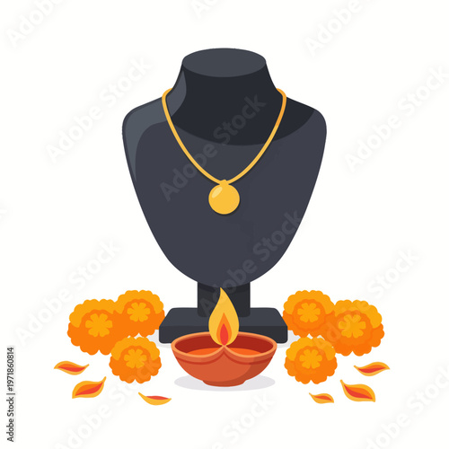 Gold necklace displayed on a mannequin with flowers and a candle