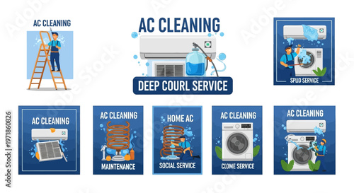 A graphic collection showcases air conditioner cleaning services through various illustrations, including maintenance and deep coil service, set against a clean, bright background