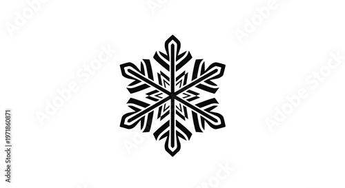 Detailed black and white illustration of a stylized snowflake showcases intricate geometric patterns, representing winter, cold weather, and unique natural formations.