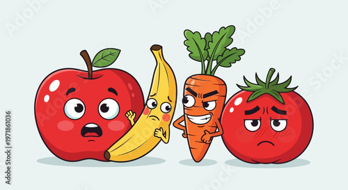 Funny fruits and vegetables characters with cartoon faces expressing emotions