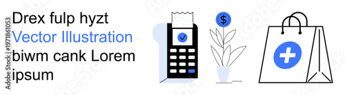 Digital payments, e-commerce, retail shopping, financial transactions, modern business, cashless solutions. Payment terminal with receipt, shopping bag with cross and dollar-plant graphic. Digital