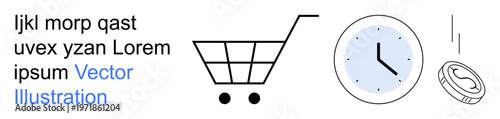 E-commerce, time management, financial planning, shopping, business efficiency, scheduling. Shopping cart, clock and coin displayed. E-commerce and time management concepts