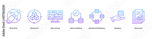 Digital Infrastructure web banner icon vector illustration featuring Flash Drive, Blockchain, Data Mining, Data Modelling, Operational Databases, Database, and Document.