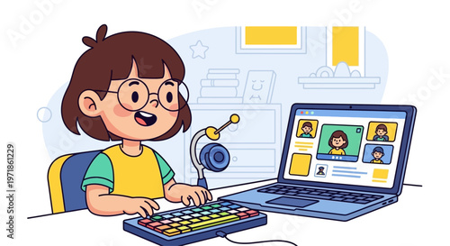 Happy child with glasses learning online via laptop, video call with classmates