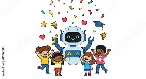 Happy Kids Celebrate With Robot, Confetti, Graduation Cap, Lightbulbs, Hearts