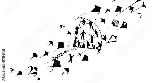 Silhouettes of people joyfully fly away with numerous kites, creating a dynamic and aspirational scene of freedom and escape against a clean white background.