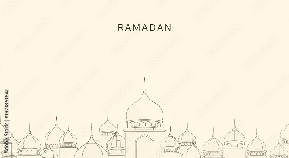 Fototapeta premium Ramadan Kareem mosque domes skyline illustration, Islamic holy month celebration, minimalist beige background