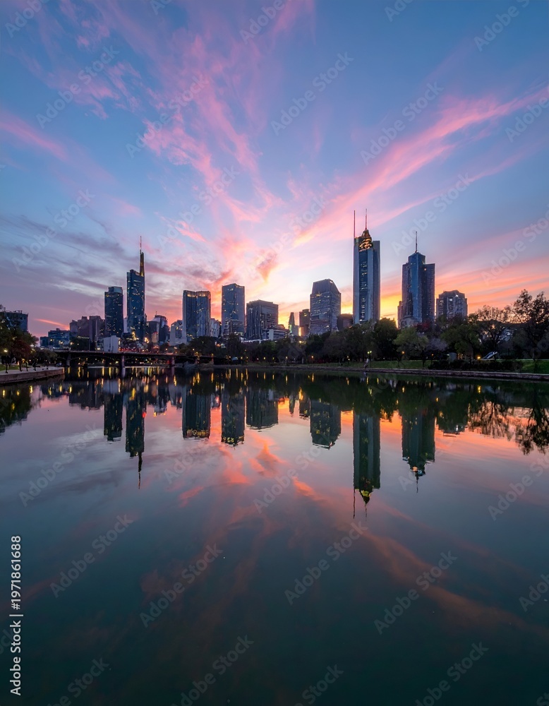 Fototapeta premium Melbourne skyline reflecting in Yarra River at sunset with vibrant sky.