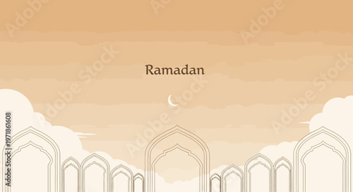 Ramadan Kareem Islamic Archways Crescent Moon Sky Background Minimalist Design