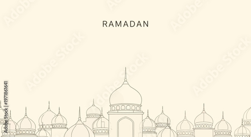 Ramadan Kareem mosque domes skyline illustration, Islamic holy month celebration, minimalist beige background