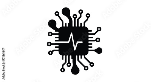 A central processing unit chip with radiating lines and a pulse waveform symbolizes technological innovation and data.