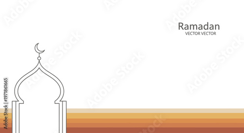 Ramadan mosque dome outline with crescent moon and warm color stripes background