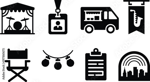 Black silhouette event icons set, music stage, food truck, staff badge, jazz banner, director chair, string lights, cityscape illustration