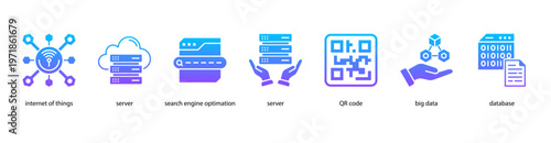 Smart Data Solutions web banner icon vector illustration featuring Internet of Things, Server, Search Engine Optimization, QR Code, Big Data, and Database.