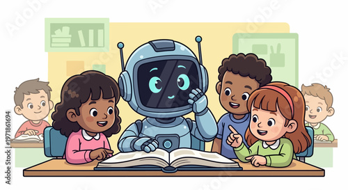 Robot teacher helping diverse children read book in classroom, education technology concept