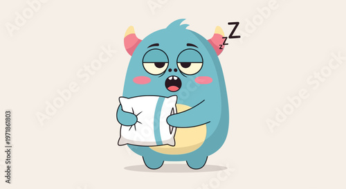 Sleepy blue monster hugging pillow, yawning with Zzz symbol, cute character design