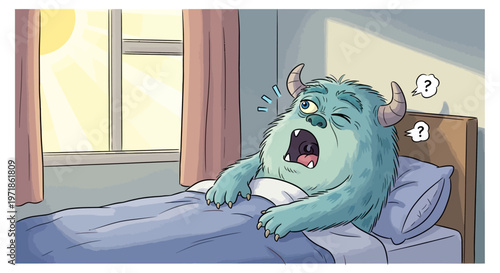 Sleepy monster waking up in bed with sun shining through window