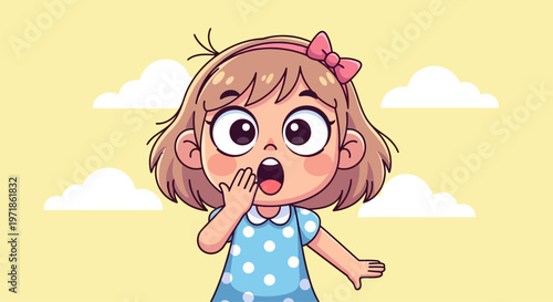 Surprised Girl with Open Mouth and Hand Covering it, Wide Eyes, Yellow Background with Clouds