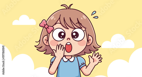 Surprised girl with open mouth and wide eyes, hands near face, yellow background with clouds