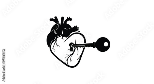 A key is shown being inserted into a stylized anatomical heart, symbolizing unlocking emotions or love.