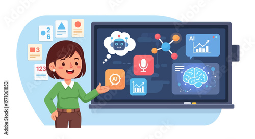 Teacher explaining AI and technology concepts on a digital blackboard with icons