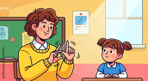 Teacher teaching sign language to a student in a classroom