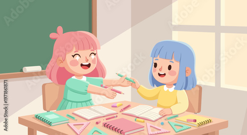 Two happy girls sharing pencils at a classroom desk, learning and friendship