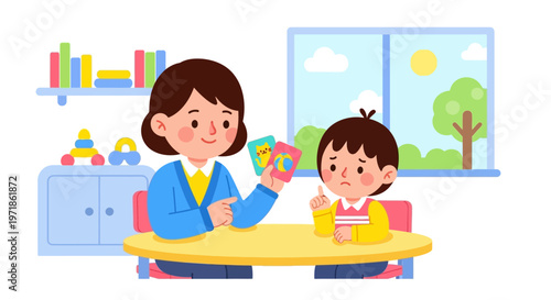 Teacher showing flashcards to a child, educational activity in classroom