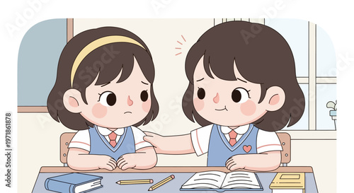 Two schoolgirls comforting each other at a desk, friendship, support, empathy, school life