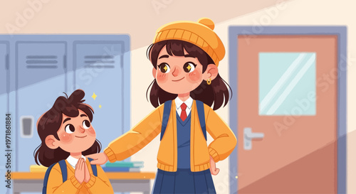 Two young schoolgirls in yellow sweaters and backpacks in a school hallway