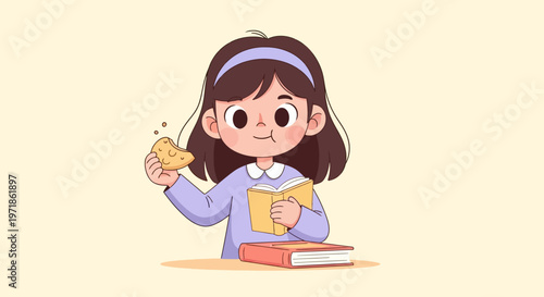 Young girl reading a book and eating chips, enjoying leisure time, education, and snacks