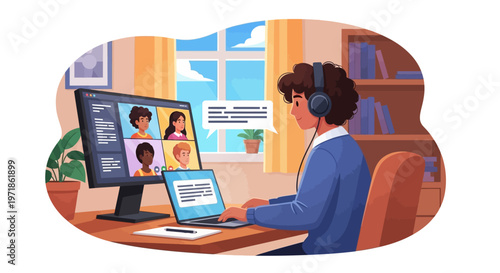 Young person in headphones attending online meeting on laptop and computer screen