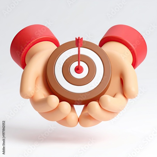 Cartoon hands holding dartboard with arrow in bullseye 3D render illustration in light studio setting achieving goal with precision focus