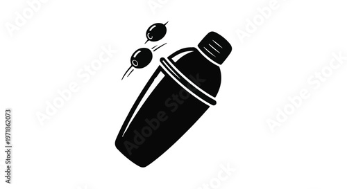 A black silhouette of a cocktail shaker with three olives is depicted against a plain white background, symbolizing beverage preparation.