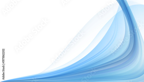 透明感のあるブルーのレイヤーが重なり合う流麗な曲線と柔らかな光を感じる近未来的抽象背景