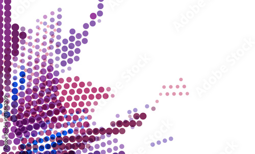 紫とピンクを基調とした大小のドットが有機的に広がる抽象パターン背景、粒子が集積して動きを感じるモダンなデジタルアート素材