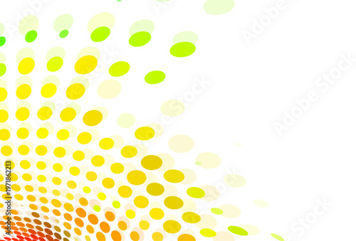 明るい黄色とライムグリーンのグラデーションが放射状に広がる抽象ドットパターン背景、光の粒子が拡散する未来的でポップな幾何学デザイン素材