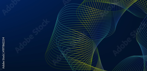深いネイビーブルーの背景にネオンカラーの曲線が交差する近未来的で躍動感あふれる抽象ラインアート