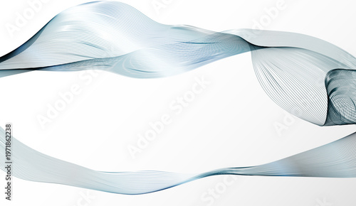 透明感のあるブルーの細線が重なり合い滑らかに流れる空間的でダイナミックな抽象ラインウェーブ背景