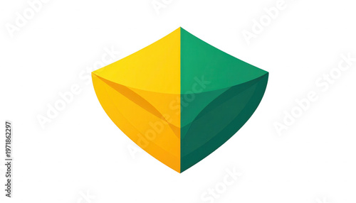 白い背景に孤立した、黄色と緑色の二色で構成された立体的でモダンなシールド型のロゴデザイン。シンプルかつクリーンな幾何学的形状は、セキュリティ、保護、または環境に優しいビジネスのブランドアイデンティティを象徴しています。