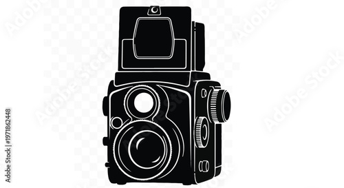 Vintage twin-lens reflex camera silhouette on a checkered background.