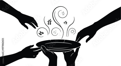 Multiple silhouetted hands reach towards a steaming plate held by two other hands, suggesting sharing or community.