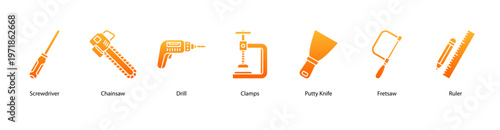 Handy Tools web banner icon vector illustration featuring Screwdriver, Chainsaw, Drill, Clamps, Putty Knife, Fretsaw, and Ruler.