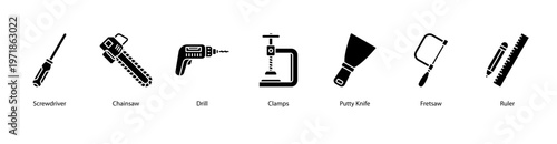 Handy Tools web banner icon vector illustration featuring Screwdriver, Chainsaw, Drill, Clamps, Putty Knife, Fretsaw, and Ruler.