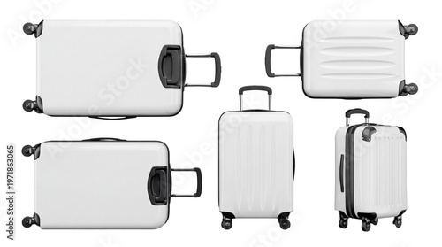 Fényképezés Set of white hard shell suitcases with wheels and telescopic handles isolated on